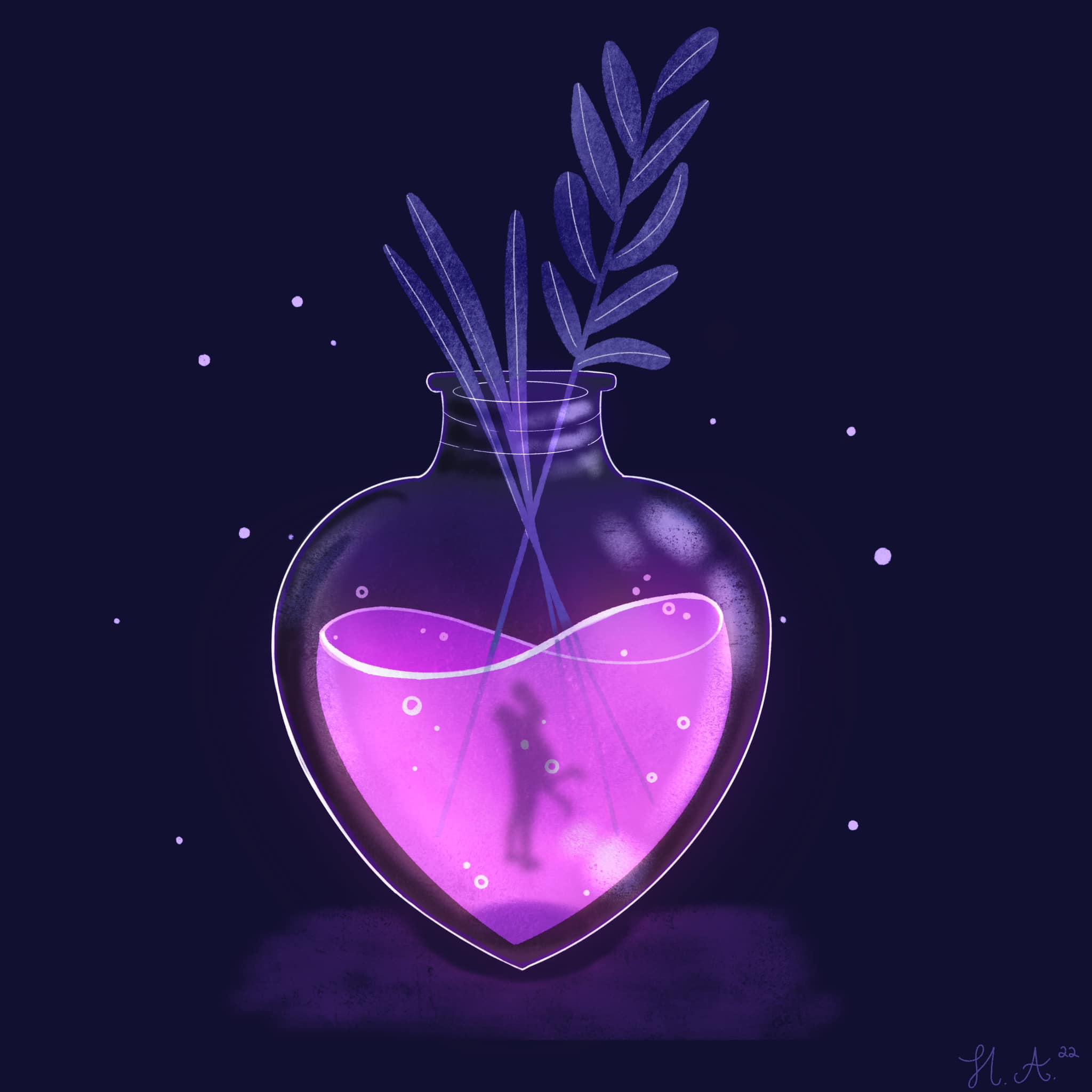 Beautiful digital drawin of a hearshaped vase with pink liquid, inside the liquid a man is lovingly lifting a woman